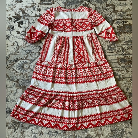 New Boho Ethic Geo Aztec Tribal Pattern Maxi Dress Loose Long Puff Sleeves Vneck - Picture 13 of 16